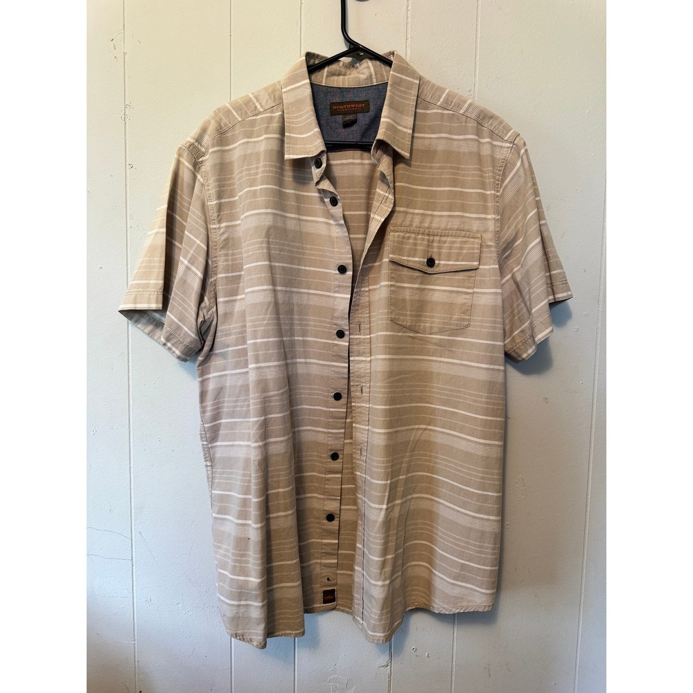 Northwest Territory Mens XL Tan White Striped Short Sleeve Button Down Shirt